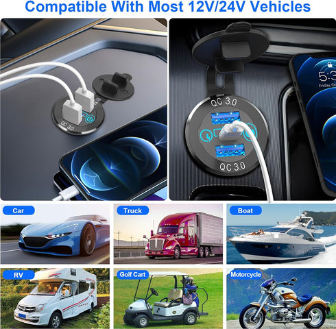 12V 60W USB C Car Charger Socket, 30W PD Type-C & Dual QC 3.0 USB Socket Port, Quick Charge Socket with Touch Switch