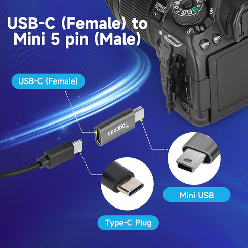 USB C to Mini USB Adapter 4 Pack, Type C Female to Mini USB Male Connector, Supports Charge & Data Sync