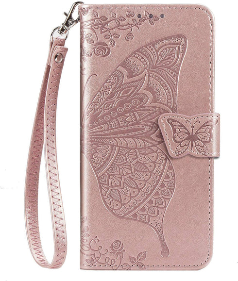 Wallet Case for Galaxy A52 4G/5G, PU Leather Flip Cover with Wrist Strap, Cash Credit Card Slots, Emboss Butterfly