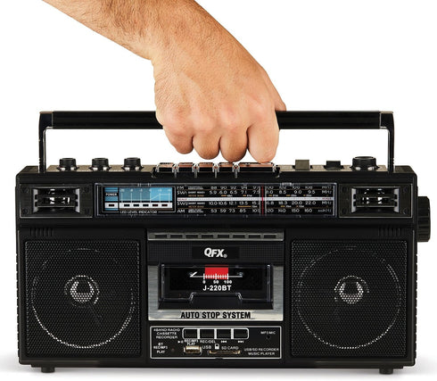QFX J-220BT Boombox - MP3 Conversion from Radio to Cassette, Bluetooth, Dual 3” Speakers, Built-in Microphone