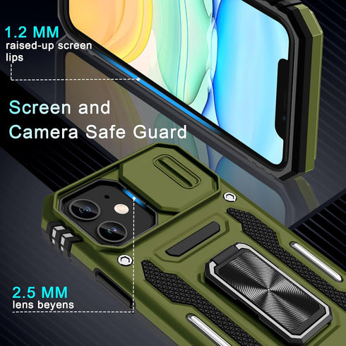 DEERLAMN Military Grade Shockproof Case for iPhone 11, with Slide Camera Cover + Screen Protector (2 Packs), Olive Green