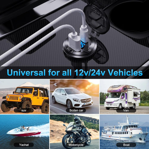 12V USB C Aluminum Car Charger Socket, PD 20W & Quick Charge 3.0 18W Waterproof USB Outlet for Marine Truck Motorcycle