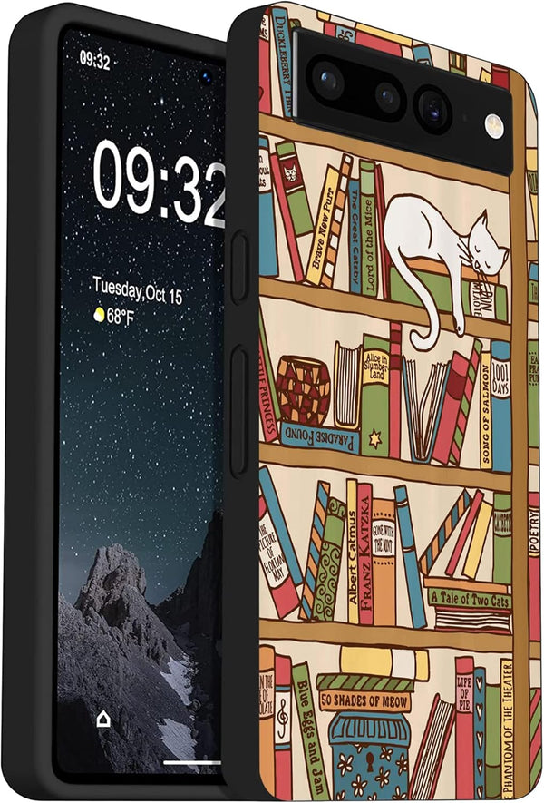 HONGZAOQIYE Compatible with Google Pixel 7 Pro Case, Funny Cute Cat Bookshelf Cartoon