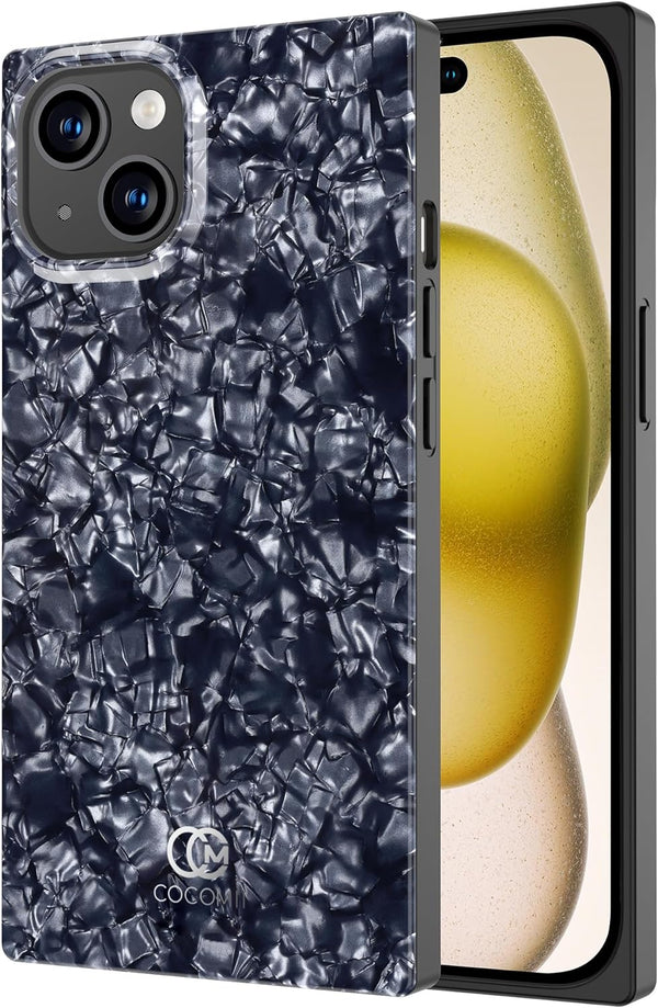 Cocomii Opalescent Pearl Square Case for iPhone 15 - Aesthetic Black, Shockproof, Scratch Resistant, Iridescent Glitter.