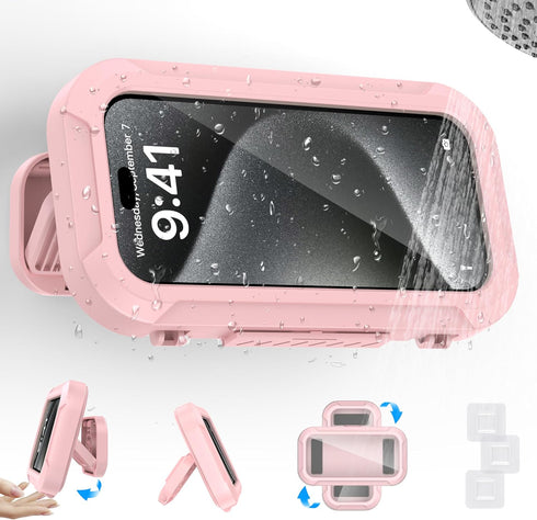 Waterproof Phone Case Bathroom Folding Holder, 360 Degree Rotating Wall Mounted Mobile Phone Case, Pink