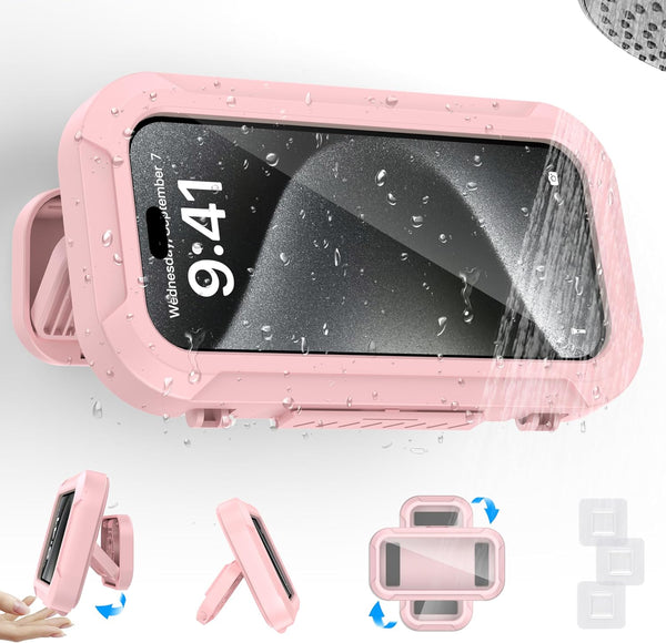 Waterproof Phone Case Bathroom Folding Holder, 360 Degree Rotating Wall Mounted Mobile Phone Case, Pink