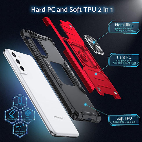 Anqrp Galaxy S21 FE Case - Military Grade Protective Cover with Rotatable Metal Ring Kickstand, Red