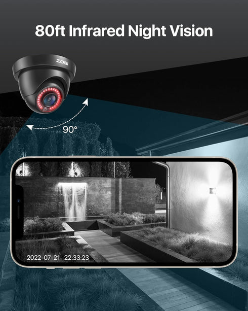 ZOSI 1080P HD Security Camera, Indoor Outdoor, Weatherproof, 80ft IR Night Vision for Home Surveillance DVR System