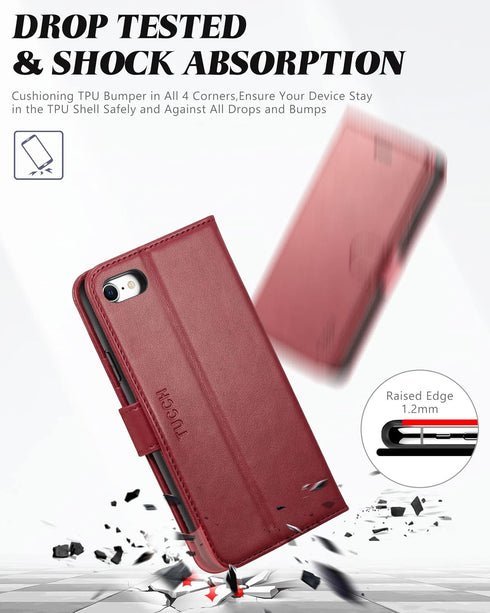 TUCCH Wallet Case for iPhone SE 2022/SE 2020/8/7, Dark Red PU Leather Folio Stand with Card Slot, Magnetic Closure [TPU
