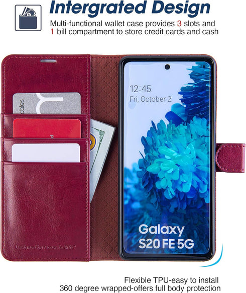 OCASE Compatible with Samsung Galaxy S20 FE 5G Case - PU Leather Flip Wallet with Card Holders, Stand, Tempered Glass
