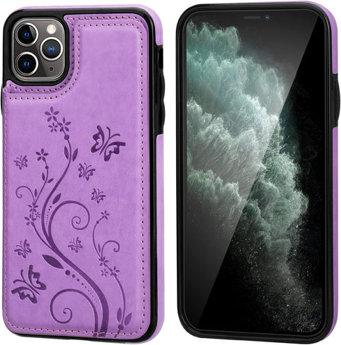 Vaburs iPhone 11 Pro Max Case Wallet with Card Holder, Embossed Butterfly PU Leather Flip Cover (Purple)