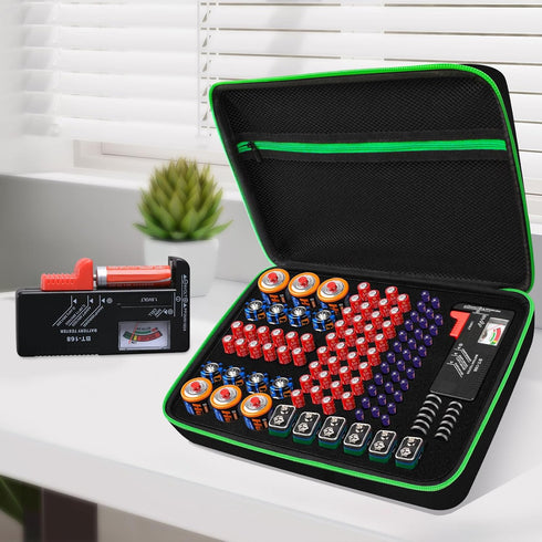 9V 7 Pack 111 Battery Organizer Storage Case with Tester for AA AAA C D Battery Holder Batteries Variety Batteries Mesh