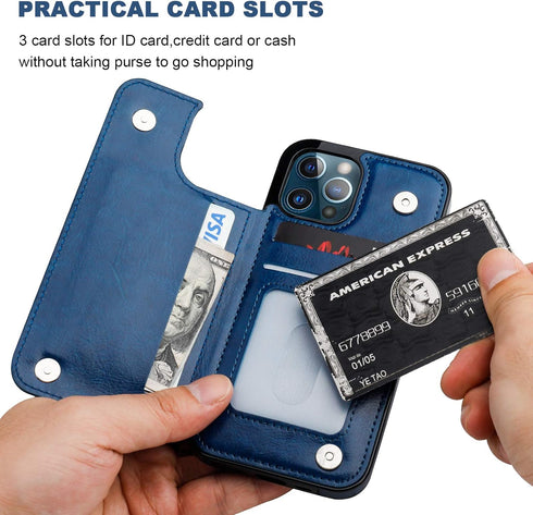 ONETOP Wallet Case for iPhone 12 and iPhone 12 Pro, PU Leather Kickstand with Card Holder, Shockproof Cover, Blue