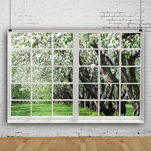 Renaiss 6x4ft White Flowers Trees Window Backdrop for Photoshoot, Spring Scenery Photography Background