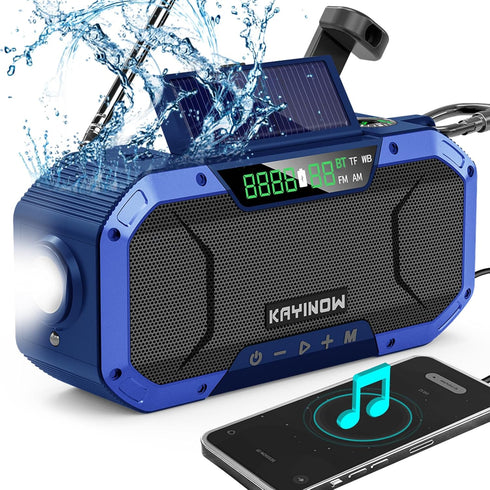 Portable NOAA AM FM Bluetooth Emergency Weather Radio, Hand Crank Solar, 5000mAh Battery, Waterproof, Flashlight, Phone
