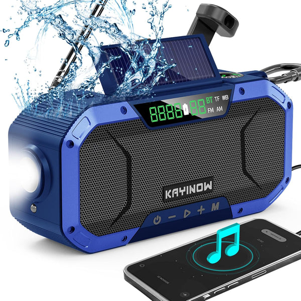 Portable NOAA AM FM Bluetooth Emergency Weather Radio, Hand Crank Solar, 5000mAh Battery, Waterproof, Flashlight, Phone