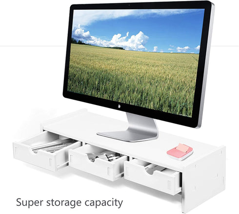 VALEN White Monitor Stand Riser, Computer Laptop Riser Shelf with 3 Organizer Drawers (19.5" L x 7.5" W x 4.7" H)