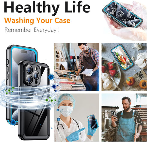 Temdan Waterproof Case for iPhone 15 Pro, IP68 Underwater, 15FT Military Dropproof, Full Body Shockproof, Blue/Clear