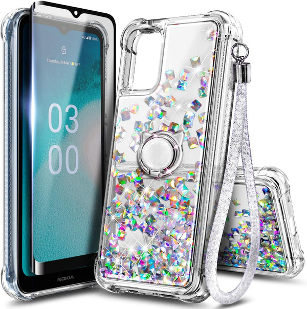NZND Compatible with Nokia G310 5G Case - Glitter Liquid Floating Waterfall Cute Phone Case with Tempered Glass Screen