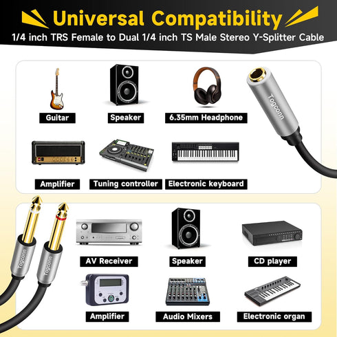 1/4 inch TRS Stereo Splitter Y Adapter - 6.35mm Female to Dual 6.35mm TS Mono Male Jack Audio Cable 1 Feet