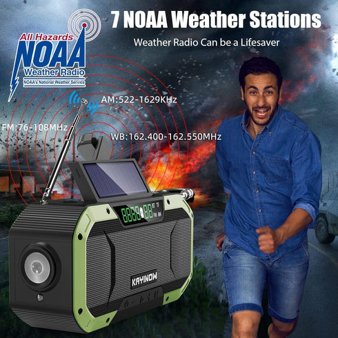 Emergency Radio Waterproof Bluetooth Speaker, Portable AM FM NOAA Weather Radio, Hand Crank Solar Powered, 5000mAh