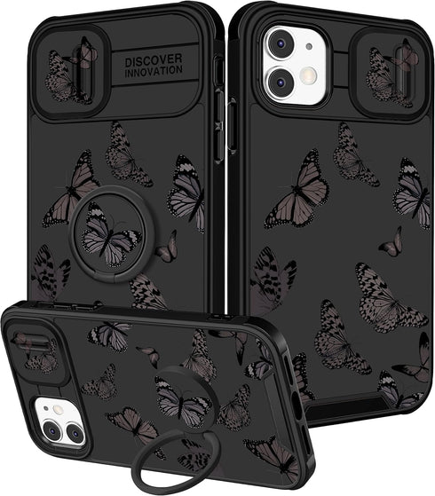 Cute 2-in-1 iPhone 11 Case for Women - Black Butterfly Design, Camera Cover & Ring Stand, Aesthetic Kawaii Funda.