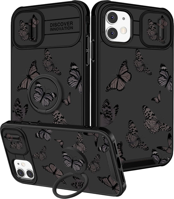 Cute 2-in-1 iPhone 11 Case for Women - Black Butterfly Design, Camera Cover & Ring Stand, Aesthetic Kawaii Funda.