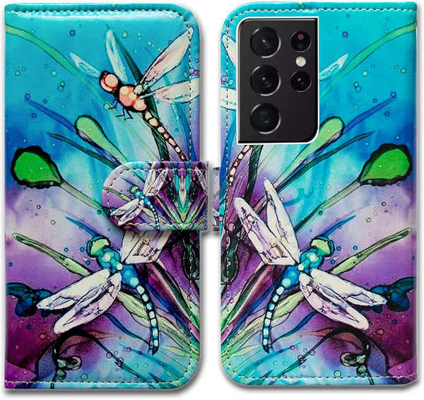 Cute Dragonfly Leather Flip Phone Case Wallet for Galaxy S21 Ultra 5G with Card Slot Holder and Kickstand