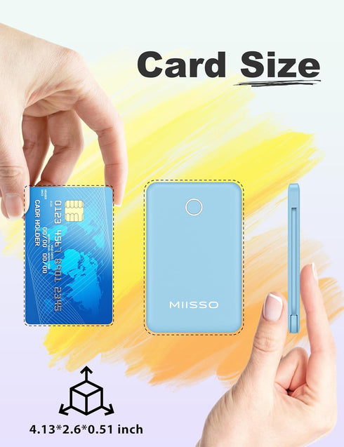 6000mAh Ultra Slim Power Bank, Card Size with Built-in USB C Cords, Portable Charger for Phones, Blue