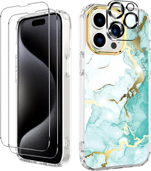 BAISRKE iPhone 15 Pro Clear Case (6.1") - Slim Shockproof Green Marble, includes 2 Screen Protectors & 1 Camera Lens