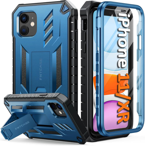 FNTCASE iPhone 11 Case: Shockproof Military Grade, Dual Layer Protection, Kickstand, Matte Textured, 6.1" Blue.