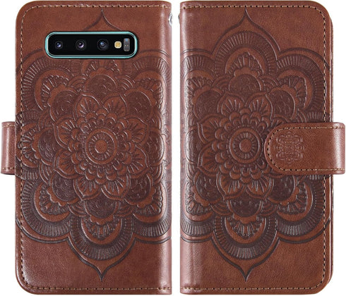 Asuwish Galaxy S10 Wallet Case: Flower Leather Flip, TPU, Tempered Glass Protector, Credit Card Holder, Brown.