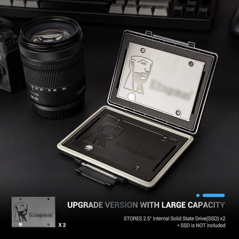 2 Slots Hard Drive Case for 2.5 inch SSD, Water Resistant and Shockproof Storage Protection Box for 2.5'' SSD Carrying
