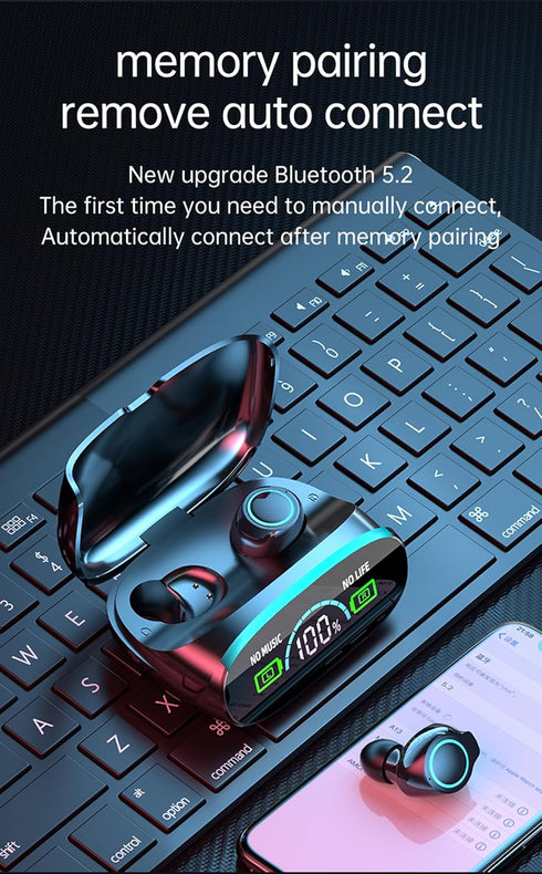 True Wireless Earbuds, 2024 Bluetooth 5.3 Headphones, Waterproof Touch Control, Built-in Mic, LED Power Display