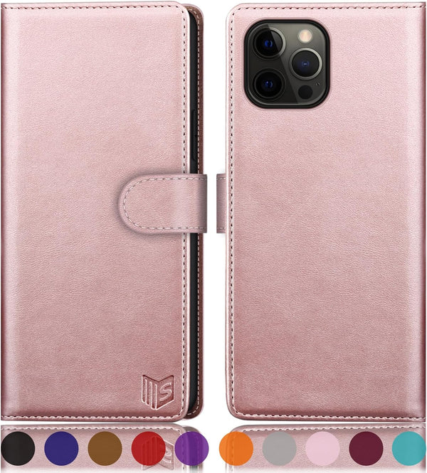 SUANPOT Leather Wallet Case for iPhone 12 Pro Max, RFID Blocking Credit Card Holder, Flip Folio Magnetic Cover, Rose