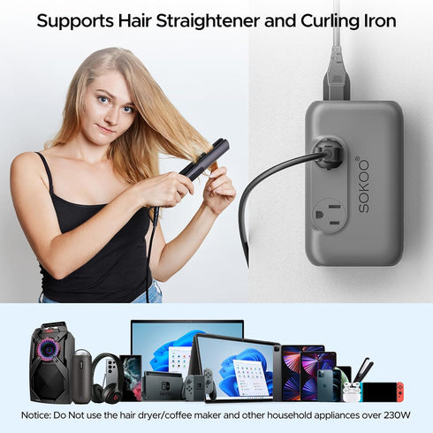 SOKOO International Power Adapter 220V to 110V Converter, 3 USB A & 1 USB C, Step Down Power Adapter Combo for Hair