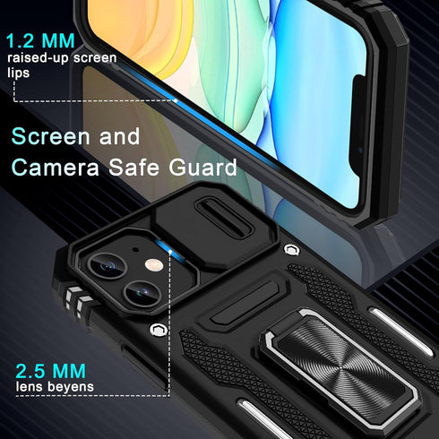 DEERLAMN iPhone 11 Case - Black, Military Grade Shockproof, Slide Camera Cover, Screen Protector (2 Packs), Rotated