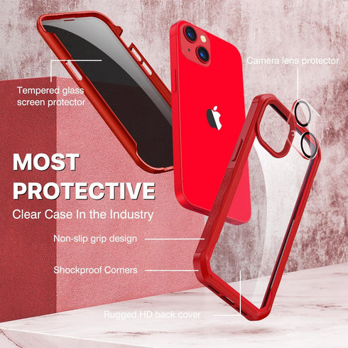 CENHUFO Red Case for iPhone 14/iPhone 13, Built-in Anti Peep Glass Privacy Screen Protector, Full Body Shockproof Cover