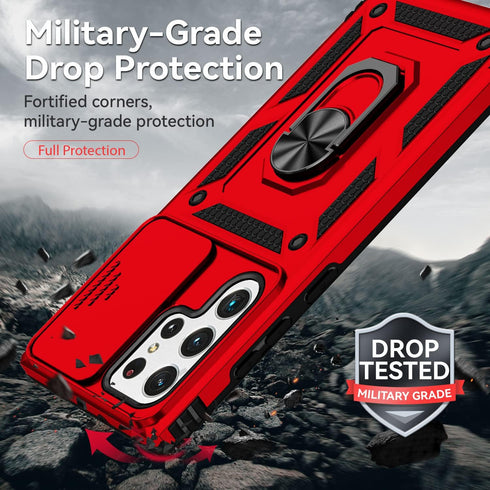 SunStory Military-Grade Case for Samsung Galaxy S22 Ultra with HD Screen Protector, Kickstand & Slide Camera Cover, Red