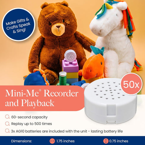 VOICEGIFT 60-Second 1-Pack Mini-Me, Multi-Message Audio Recorder for Plush Toys, Quilts, Pillow, Crafts, Playful Mini