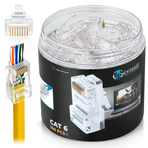 Everest Media Solutions RJ45 Cat6 Pass Through Connectors, Pack of 100, EZ to Crimp Modular Plug for Ethernet