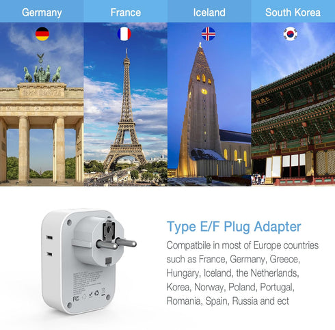 TESSAN Type E F Plug Adapter, Germany France Power Adapter with 3 USB Ports and 4 AC Outlets for US to Europe Travel