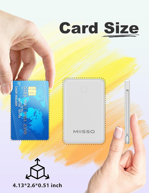 miisso 6000mah Ultra Slim Power Bank, Card Size Built in USB C Cords Battery Pack, Portable Charger for Phones, Snow