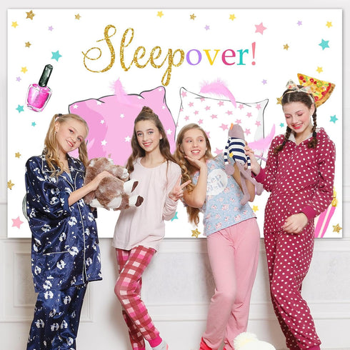 Mocsicka Sleepover Party Backdrop for Pink Girl Pajamas Pillow Fight Decorations, Slumber Party Banner (5x3ft)