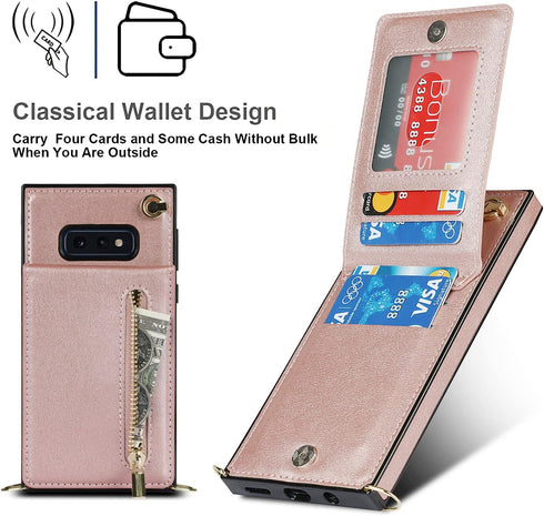 Samsung Galaxy S10e Wallet Cover, Pink, with Crossbody Strap, Leather Card Holder, Flip Cases, Kickstand