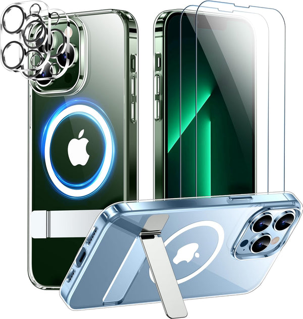 SPIDERCASE Clear Magnetic Case for iPhone 13 Pro Max, Military Drop Protection + 2 Glass Protectors & Kickstand.