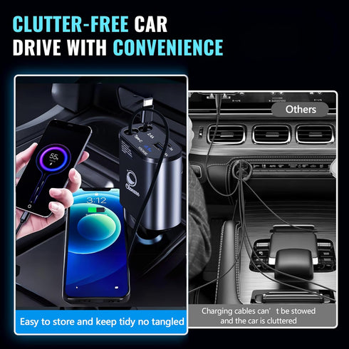 4 in 1 Fast Car Charger - 66W with 2 Retractable Lightning Cords, USB-A & USB-C Ports for iPhone 15/14/13/12, Galaxy,