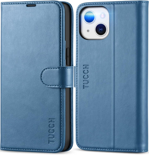 TUCCH iPhone 13 Wallet Case 5G, Lake Blue, Magnetic Folio, RFID Blocking, TPU Interior, Flip Cover, 6.1" Compatible.