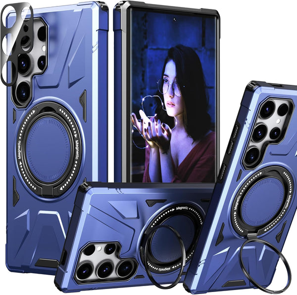 Galaxy S24 Ultra Navy Blue Case: Dual Layer Hard PC Cover with Camera Lens Protector & 360° Ring Holder Stand.
