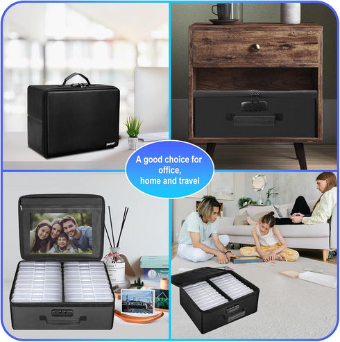ENGPOW Photo Storage Box with 18 Inner 4" x 6" Photo Case, Fireproof Organizer Box with Lock, Collapsible Portable
